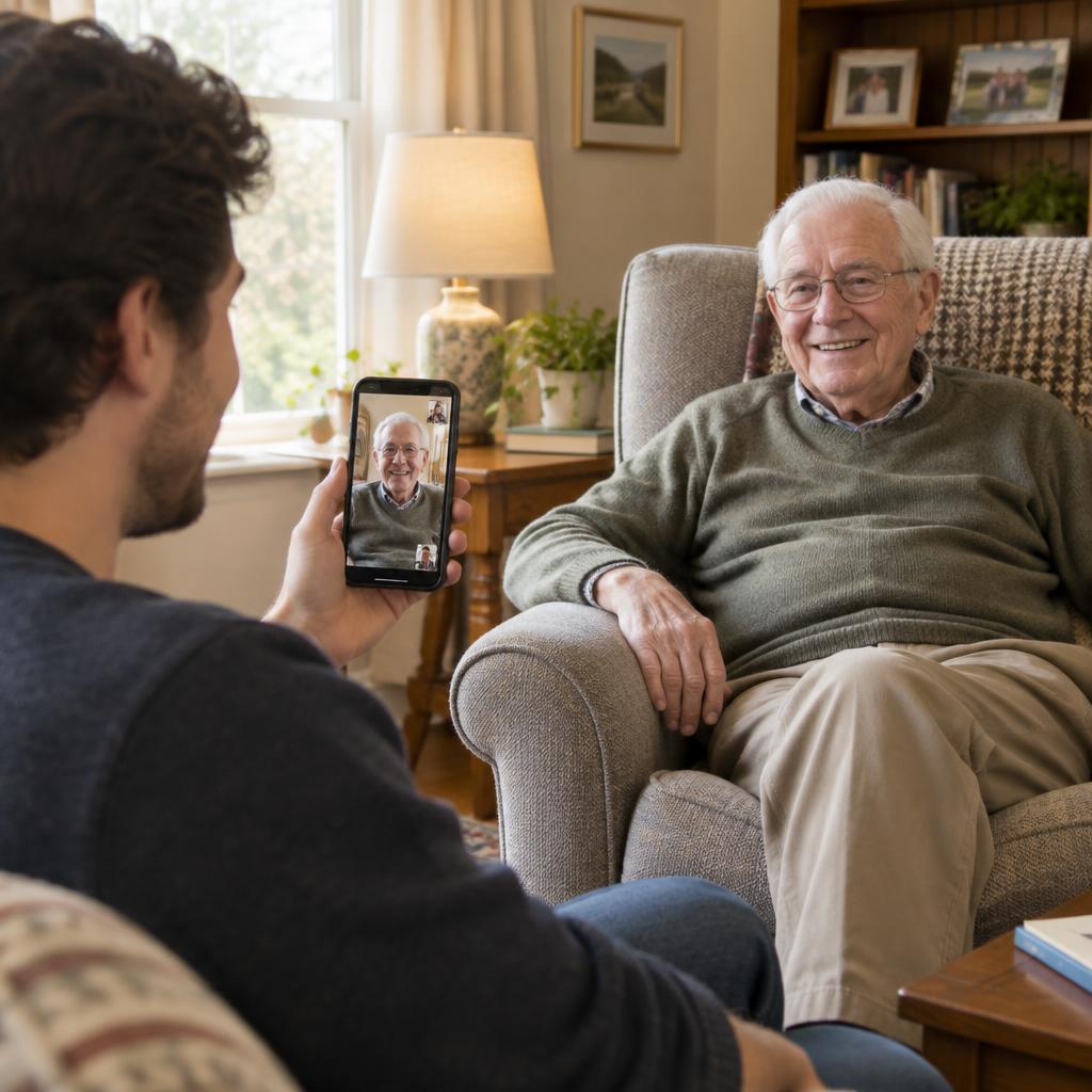 An adult son chatting with his smiling father in a cosy living room